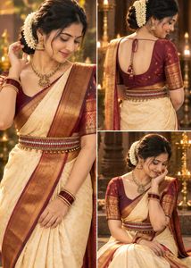 Elegant Cream &amp; Maroon Silk Saree