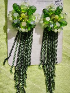 Sparkling Green Gem &amp; Chain Tassel Earrings