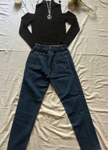 Stylish Cold Shoulder Top &amp; Ripped Jeans Set
