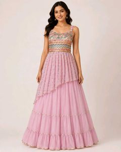 Stunning Pink Tiered Gown with Embellished Bodice