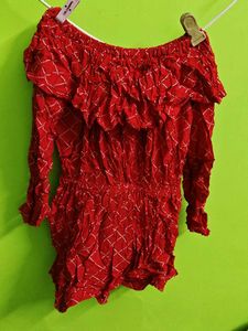 Red Off-Shoulder Bandhani Print Top