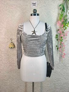 H&amp;M Silver Velvet Ruched Top