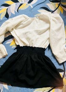 Chic White Puff Sleeve Black Skirt Dress