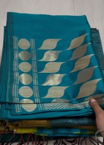 Elegant Teal Silk Saree with Gold Border