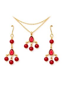 Red Beaded Pendant Necklace &amp; Earrings Set