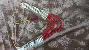 Elegant Pearl & Red Beaded Necklace