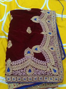 maroon and royal blue embellished saree