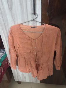 Peach Pleated Button-Up Top