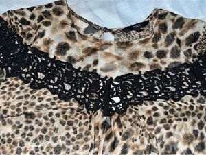 Leopard Print Lace Trim Long Sleeve Top
