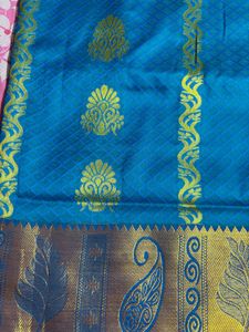 fixed  Blue Silk Saree with Gold Zari  pattu
