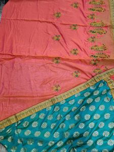 Beautiful Pink &amp; Teal Saree with Embroidery