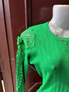 Vibrant Green Embellished Long Sleeve Top