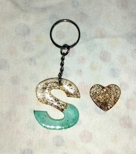 Resin Letter S Keychain with Heart Charm