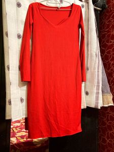 Red Ribbed Long Sleeve Mini Dress