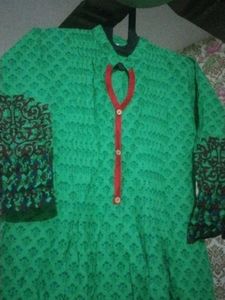 Green Printed Kurta with Red Neckline