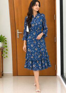 Blue Floral Print Midi Dress