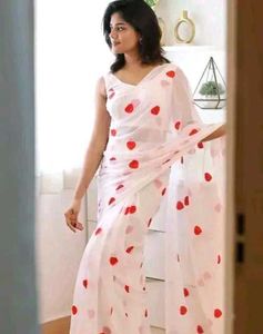 Elegant White Saree with Red heart design Dots