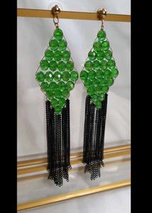 Green Beaded Drop Earrings with Black Chains