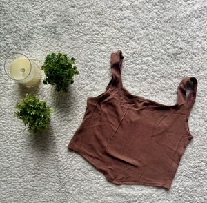 Brown Ribbed Square Neck Tank Top
