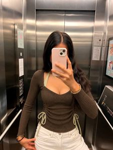 Brown Ribbed Ruched Top