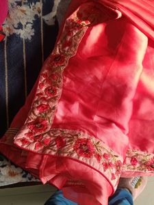 Coral Embroidered Sari Fabric