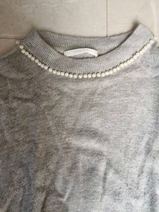 Elegant Gray Pearl Embellished Knit Sweater