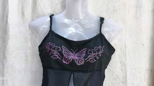 Black Butterfly Rhinestone Mesh Top