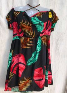 3129. Tropical Print Off-Shoulder Mini Dress