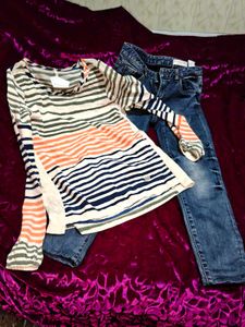 Striped Top &amp; Jeans Set