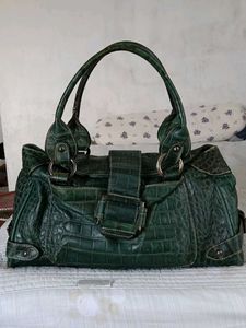 Pure leather Stylish Green Croc Embossed Handbag