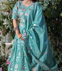 Beautiful Blue Floral Lehenga Choli Set with jewel