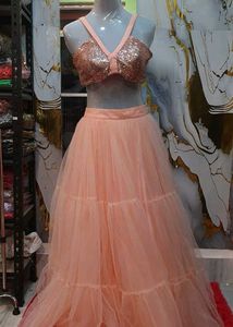 Peach Sequin Crop Top &amp; Tiered Skirt Set