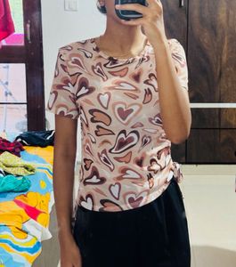 Retro Heart Print Tie-Side Top