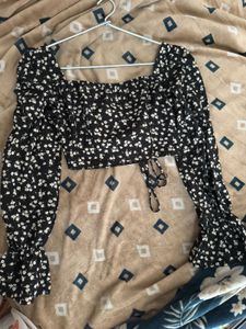 Chic Floral Print Square Neck Long Sleeve Crop Top