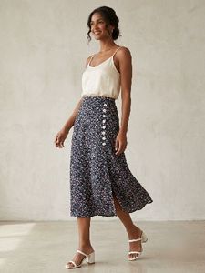 Floral Print Midi Skirt with Button Detail