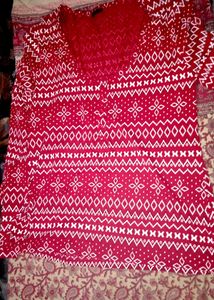 Red Printed V-Neck Top With Pant
