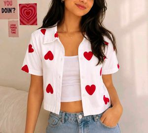 Cute White Heart Print Button-Up Shirt