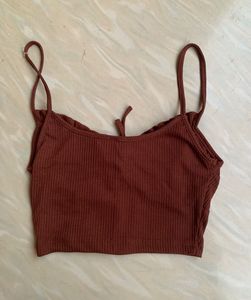Cute Brown Ribbed Tie-Front Crop Top