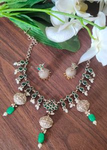 Brass Green Stone Necklace &amp; Earring Set