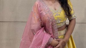 Yellow &amp; Pink Embellished Lehenga Set