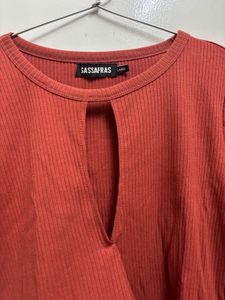 Rust Ribbed Cutout Neck Top