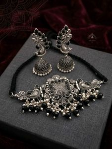 Oxidized Silver Peacock Jhumka Set