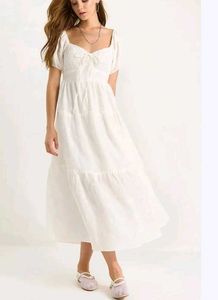 Chic White Puff Sleeve Midi Dress