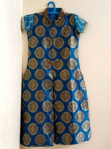 Elegant Blue & Gold Brocade Dress