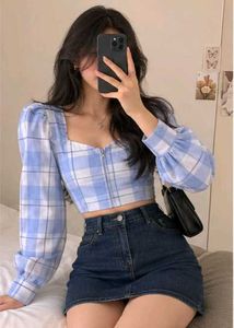 Blue Plaid Zip-up Puff Sleeve Corset Crop Top