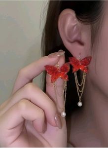 y2k Red Butterfly Pearl Dangle Earrings 💅🥀