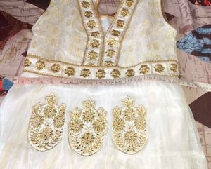 Elegant White &amp; Gold Anarkali Dress