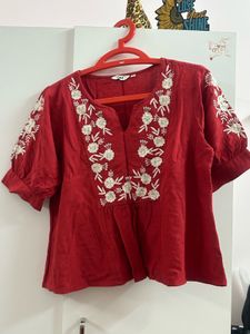 Red Embroidered Short Sleeve Top