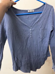 Blue Ribbed Long Sleeve V-Neck Top