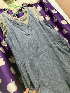 Cute Blue Linen Jumpsuit w/ Striped Tee